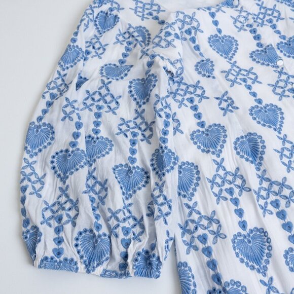 Johnny Was Dress White With Blue Embroidered Hearts Eyelet Button Up Boho Large - Picture 7 of 16